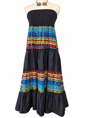 Magic Black Strapless Maxi Dress with Blue, Red, Yellow & Green Tribal Bands